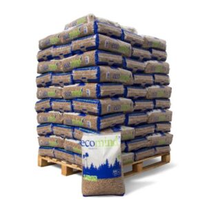 Pellets de Madera de Pino Ecomind TG Certificados ENPlus A1 para Estufas y Calderas sobre Palé de 72 Sacos de 15 Kg de Marca